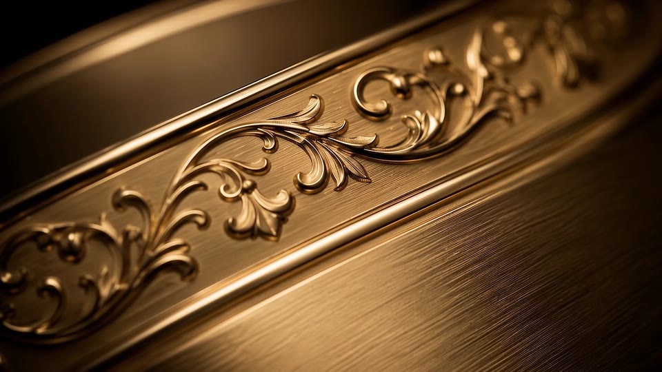 A close-up of floral engraving on a champagne-coloured metal surface